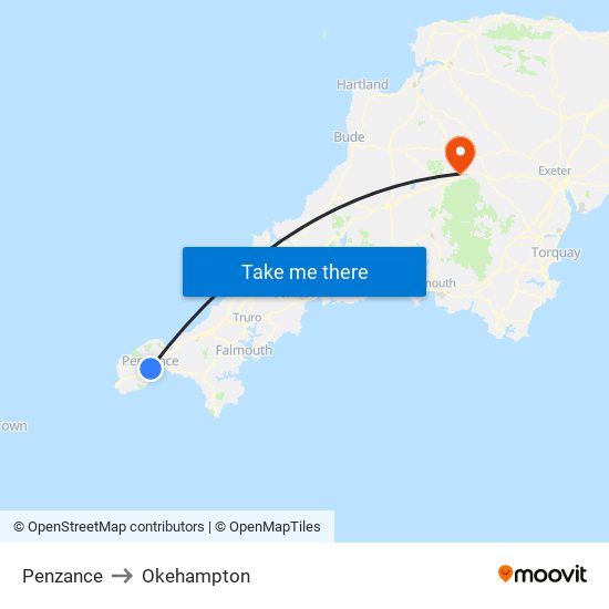 Penzance to Okehampton map