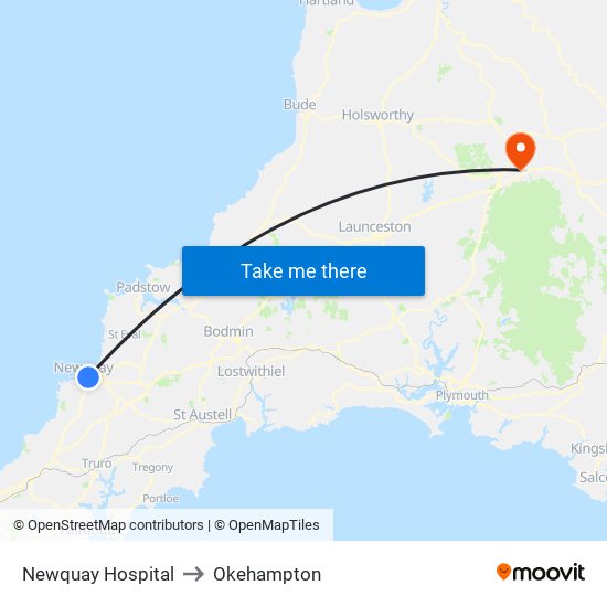 Newquay Hospital to Okehampton map