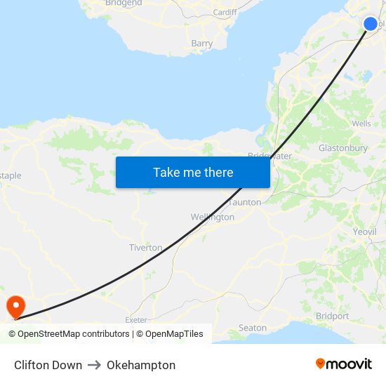 Clifton Down to Okehampton map