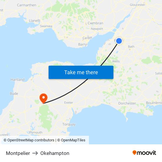 Montpelier to Okehampton map