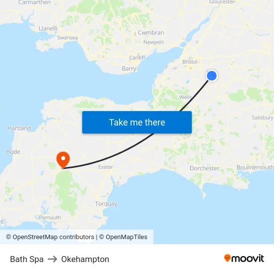 Bath Spa to Okehampton map
