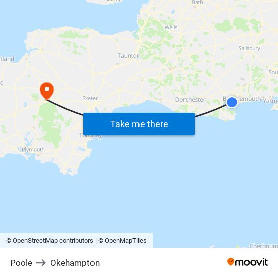 Poole to Okehampton map