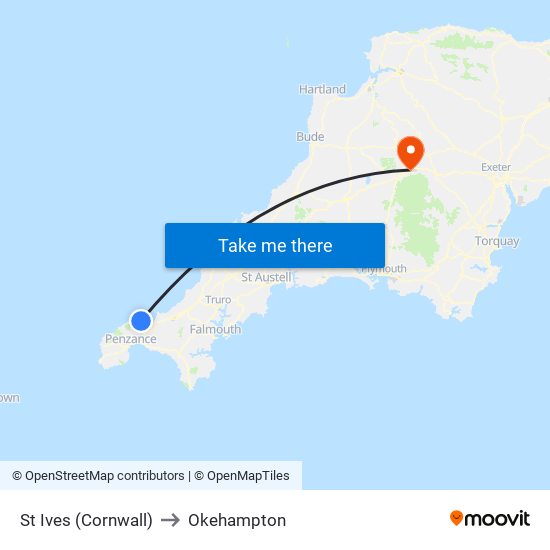 St Ives (Cornwall) to Okehampton map