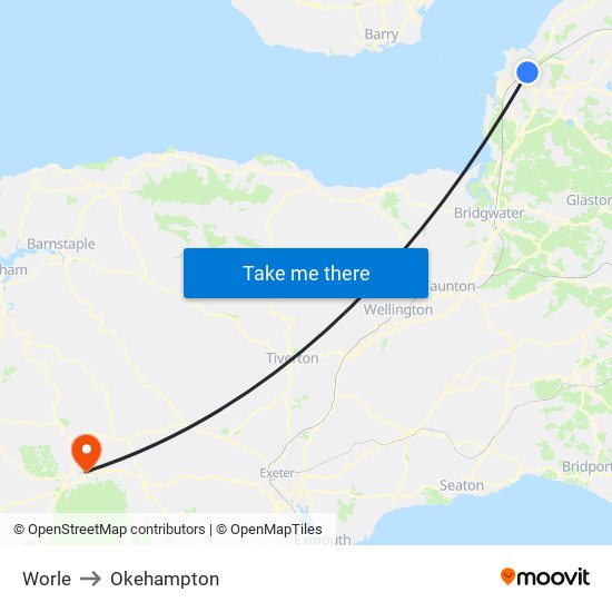 Worle to Okehampton map