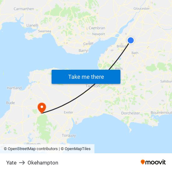 Yate to Okehampton map
