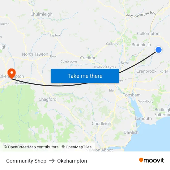 Community Shop to Okehampton map