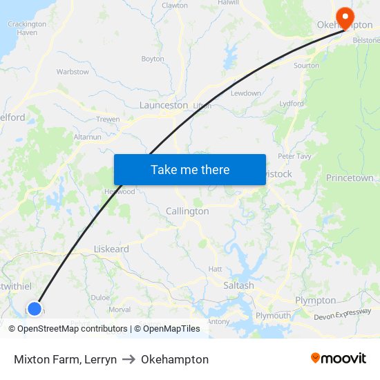 Mixton Farm, Lerryn to Okehampton map