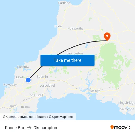 Phone Box to Okehampton map