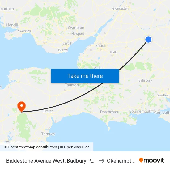 Fairwood to Okehampton map