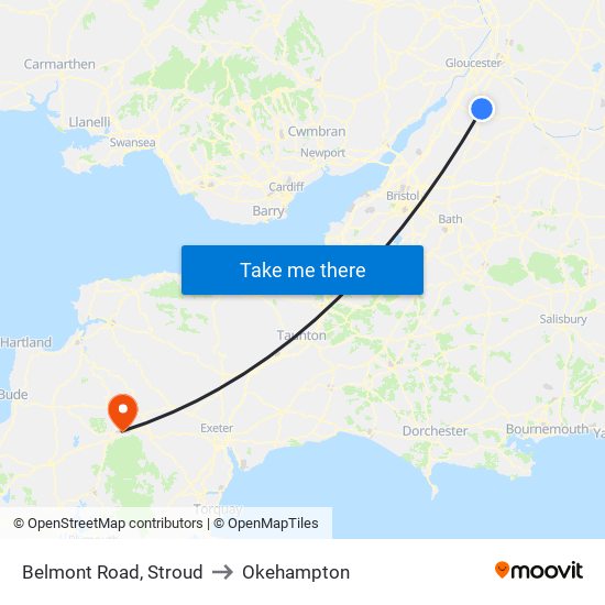 Belmont Road, Stroud to Okehampton map