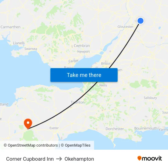 Corner Cupboard Inn to Okehampton map