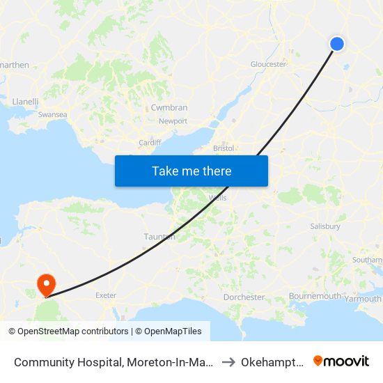 Community Hospital, Moreton-In-Marsh to Okehampton map