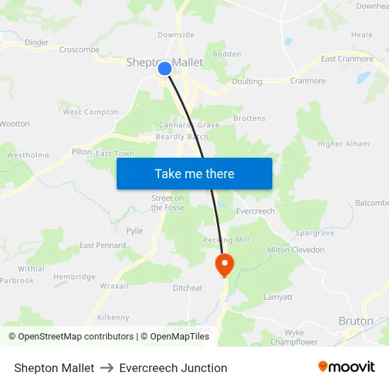 Shepton Mallet to Evercreech Junction map
