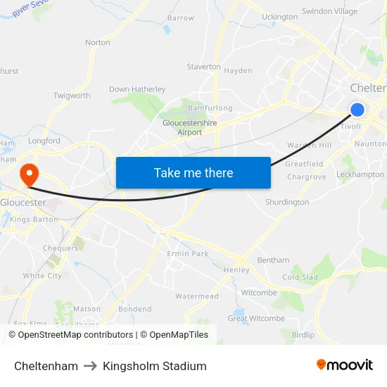 Cheltenham to Kingsholm Stadium map