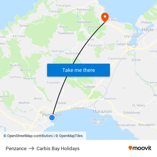 Penzance to Carbis Bay Holidays map