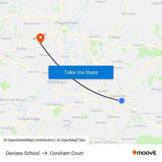 Devizes School to Corsham Court map