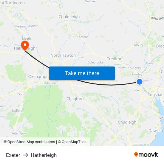 Exeter to Hatherleigh map