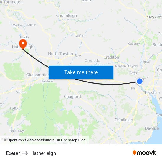 Exeter to Hatherleigh map