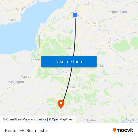 Bristol to Beaminster map