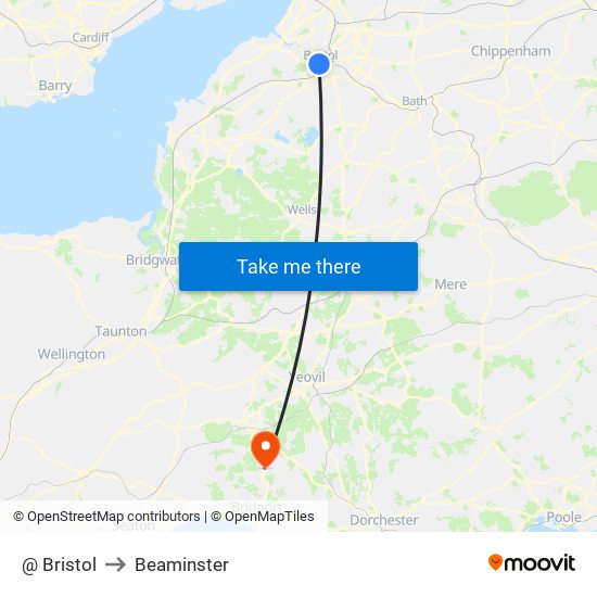 @ Bristol to Beaminster map