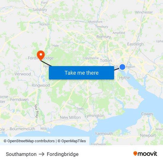 Southampton to Fordingbridge map