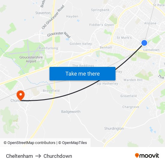 Cheltenham to Churchdown map