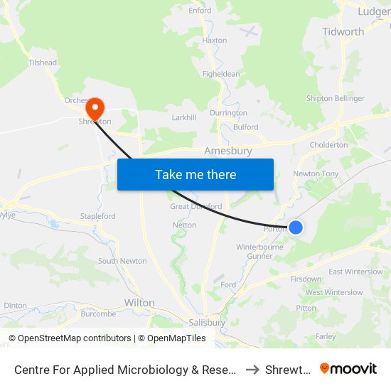 Centre For Applied Microbiology & Research to Shrewton map