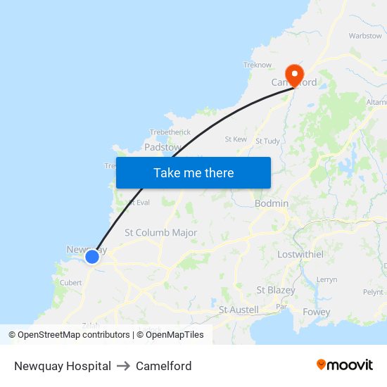 Newquay Hospital to Camelford map