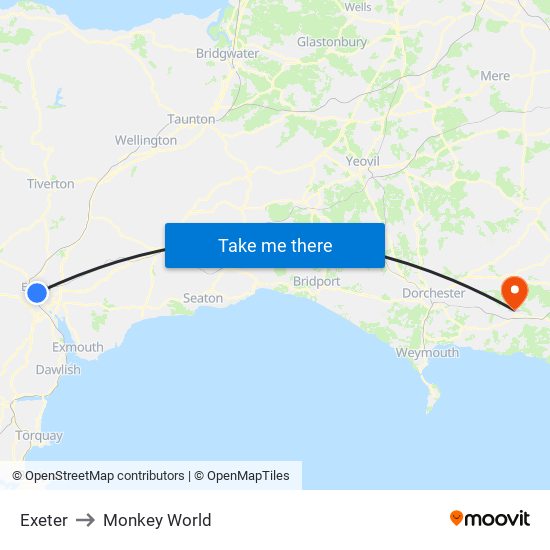 Exeter to Monkey World map