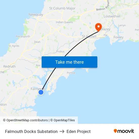 Falmouth Docks Substation to Eden Project map