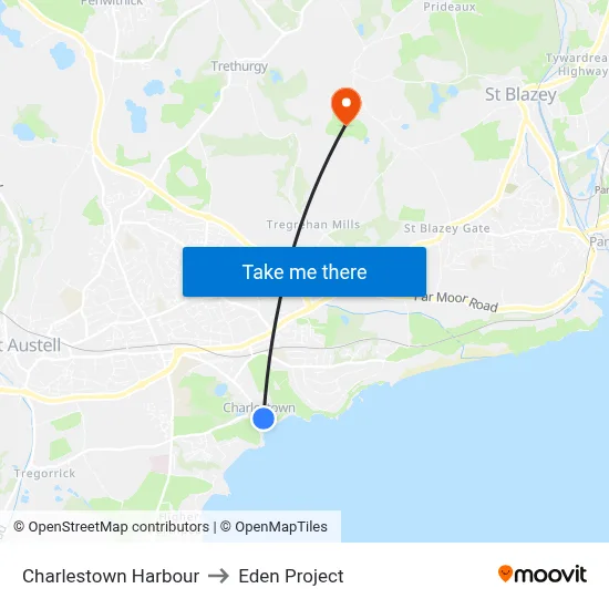 Charlestown Harbour to Eden Project map
