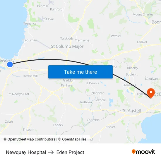 Newquay Hospital to Eden Project map