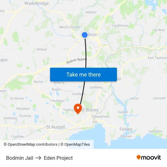Bodmin Jail to Eden Project map