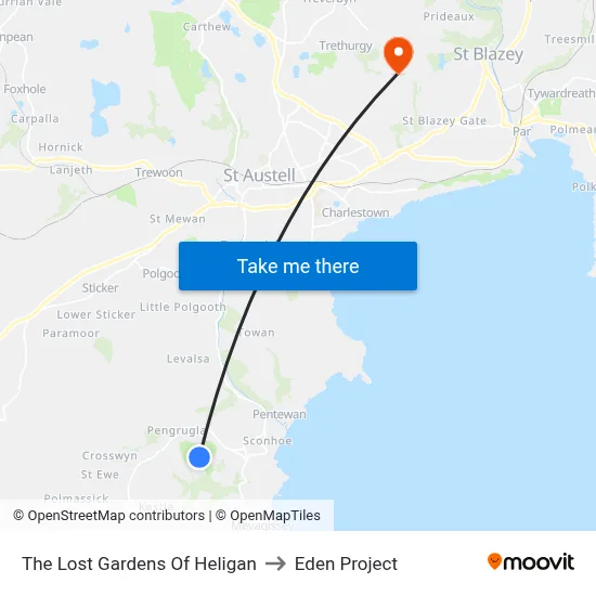 The Lost Gardens Of Heligan to Eden Project map