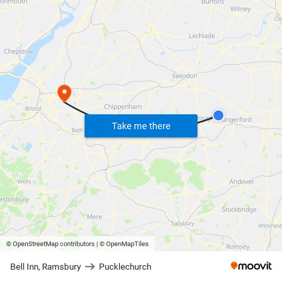 Bell Inn, Ramsbury to Pucklechurch map