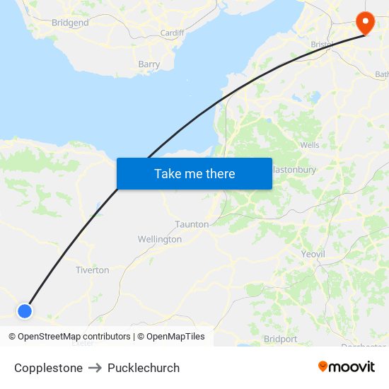 Copplestone to Pucklechurch map