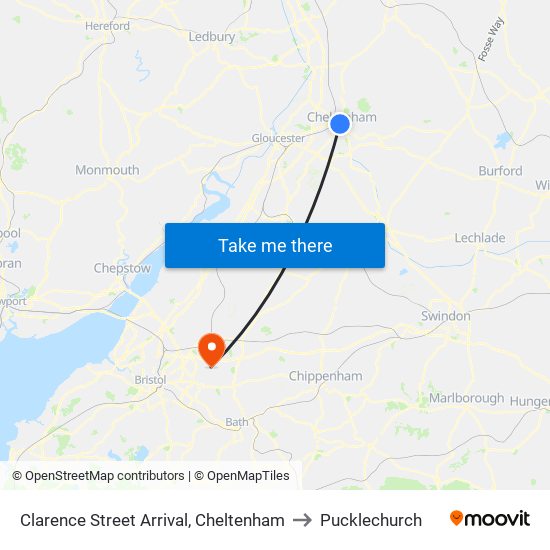 Clarence Street Arrival, Cheltenham to Pucklechurch map