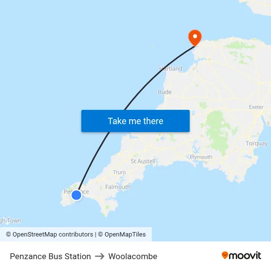 Penzance Bus Station to Woolacombe map