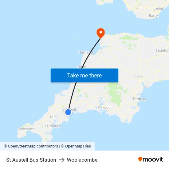 St Austell Bus Station to Woolacombe map