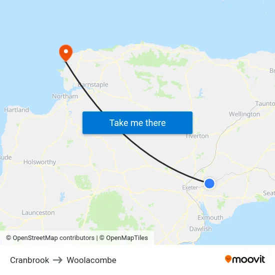 Cranbrook to Woolacombe map