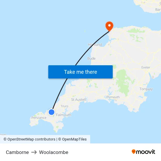Camborne to Woolacombe map