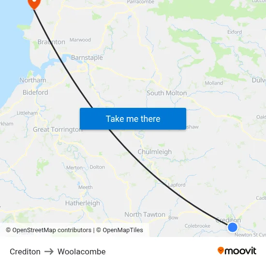 Crediton to Woolacombe map