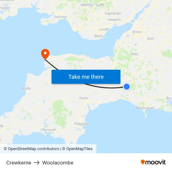Crewkerne to Woolacombe map