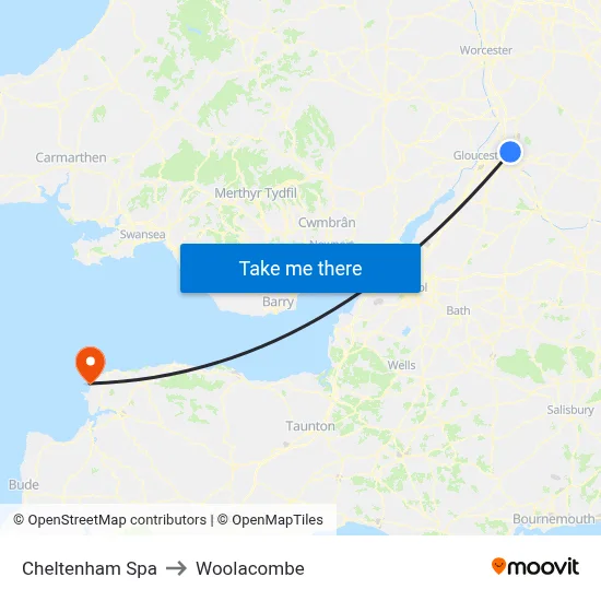 Cheltenham Spa to Woolacombe map
