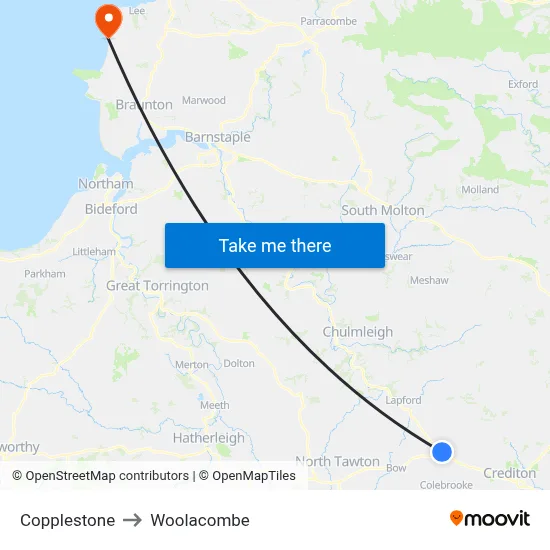 Copplestone to Woolacombe map