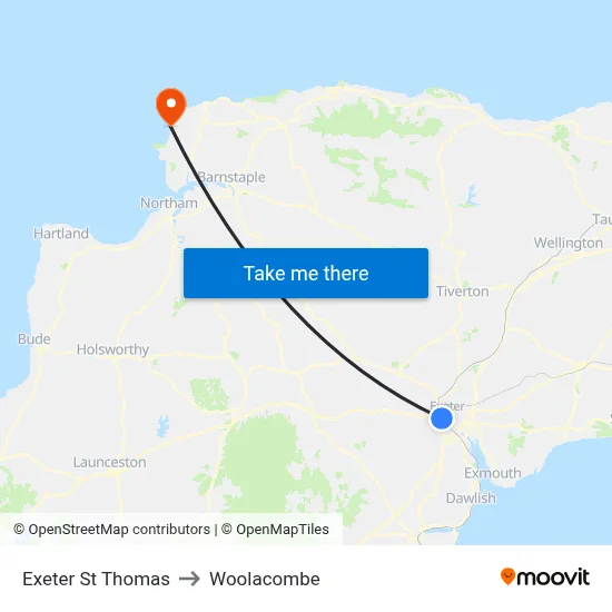 Exeter St Thomas to Woolacombe map