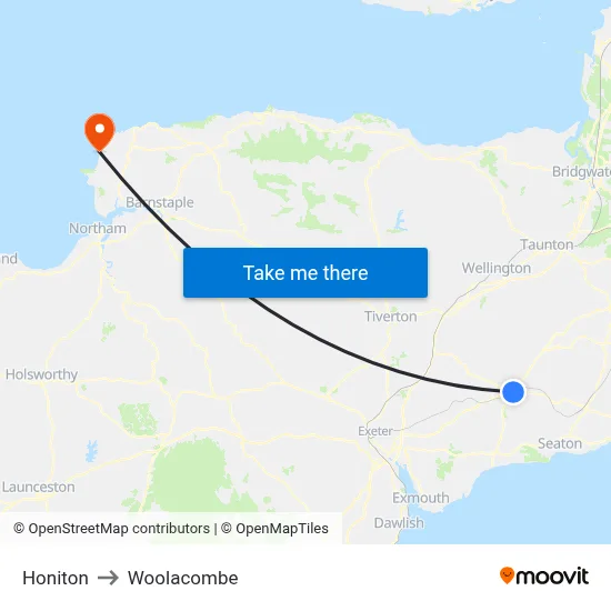 Honiton to Woolacombe map