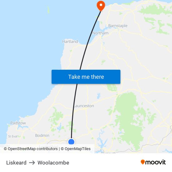 Liskeard to Woolacombe map
