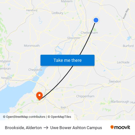 Brookside, Alderton to Uwe Bower Ashton Campus map