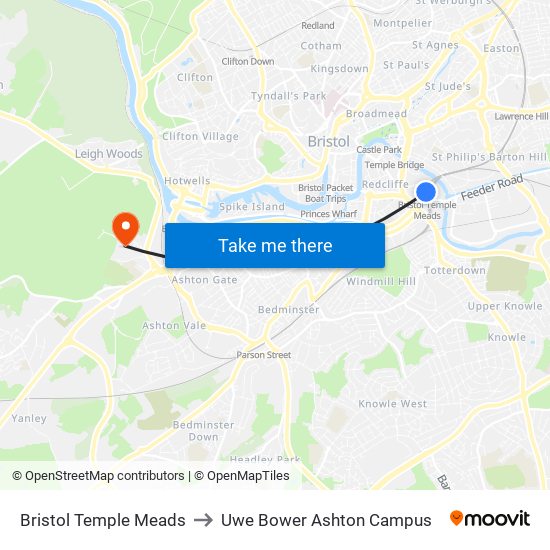 Bristol Temple Meads to Uwe Bower Ashton Campus map